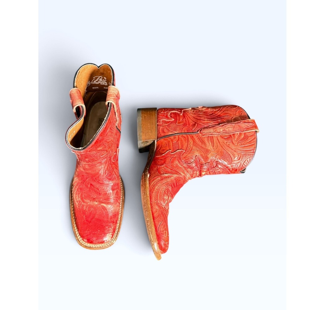 Vintage Dan Post Red Tooled Leather Cowboy Boots Women 7.5 M Square Toe Western
